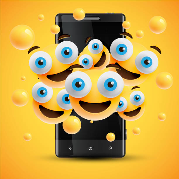 istock Realistic happy yellow emoticons in front of a cellphone, vector illustration 1217132106