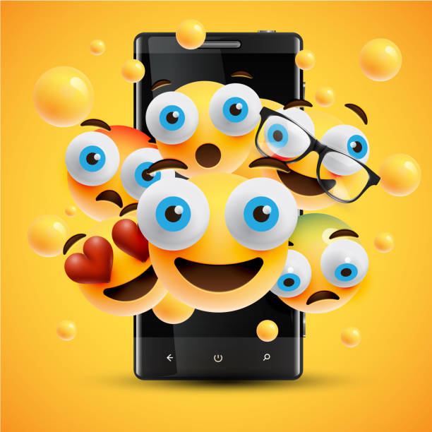 istock Realistic happy yellow emoticons in front of a cellphone, vector illustration 1217132638