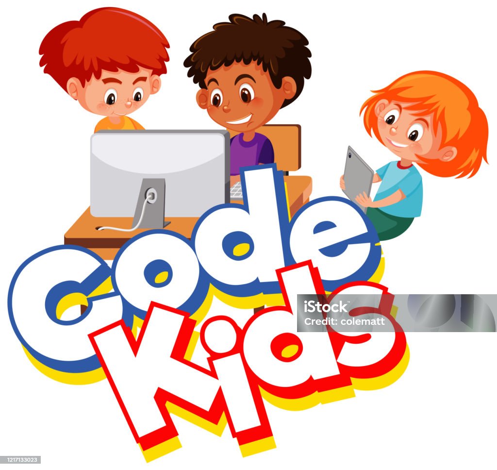 Font Design For Word Code Kids With Children Working On Computer Stock ...