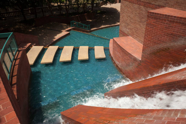 Horizontal top view of the Buffalo Bayou Sesquicentennial Park cascade, Theater District, Downtown Houston, Texas