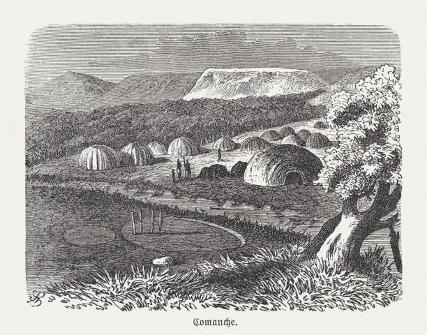 Camp of the Comanche, wood engraving, published in 1893 Historical view of a camp of the Comanche - a Native-American nation from the Great Plains whose historic territory consisted of most of present-day northwestern Texas and adjacent areas in eastern New Mexico, southeastern Colorado, southwestern Kansas, western Oklahoma, and northern Chihuahua. Wood engraving, published in 1893. comanche indians stock illustrations