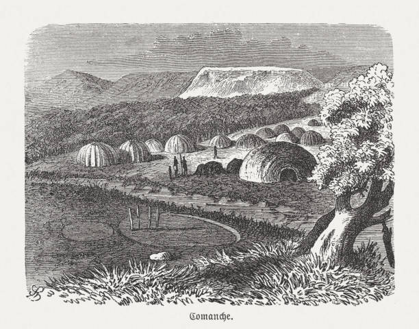 Camp of the Comanche, wood engraving, published in 1893 Historical view of a camp of the Comanche - a Native-American nation from the Great Plains whose historic territory consisted of most of present-day northwestern Texas and adjacent areas in eastern New Mexico, southeastern Colorado, southwestern Kansas, western Oklahoma, and northern Chihuahua. Wood engraving, published in 1893. new mexico landscape stock illustrations