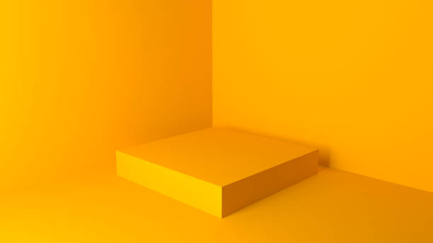 istock Orange-yellow rectangle cube podium stands in empty corner, orange toned 3d rendering illustration 1217138358