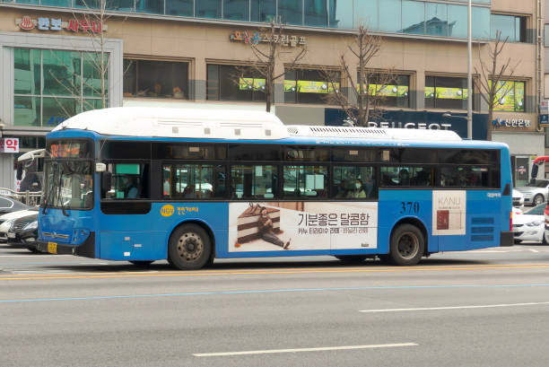 Seoul City Bus Seoul, South Korea-March 31, 2020: Seoul city bus running in Gil-dong, Gangdong-gu seoul bus stock pictures, royalty-free photos & images