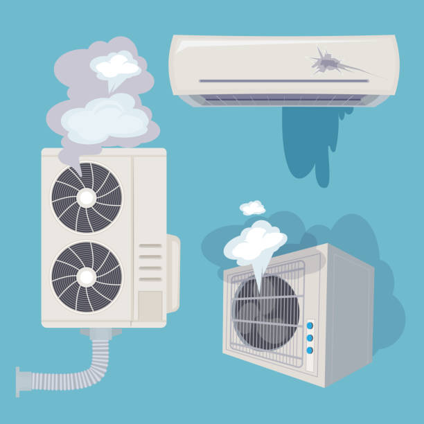 illustrazioni stock, clip art, cartoni animati e icone di tendenza di balsamo danneggiato. sistemi d'aria domestica rotti vettore efficiente di ventilazione del vento - air air conditioner electric fan condition