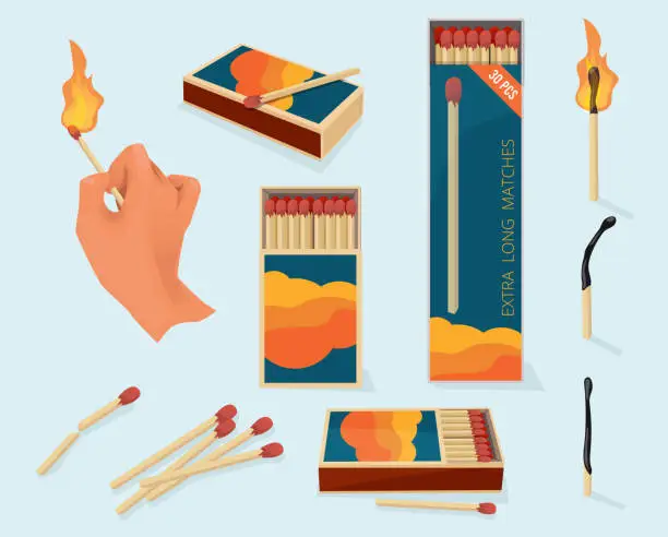 Vector illustration of Burning matches. Safety packages for matchstick wooden stick flame symbols vector illustration in cartoon style