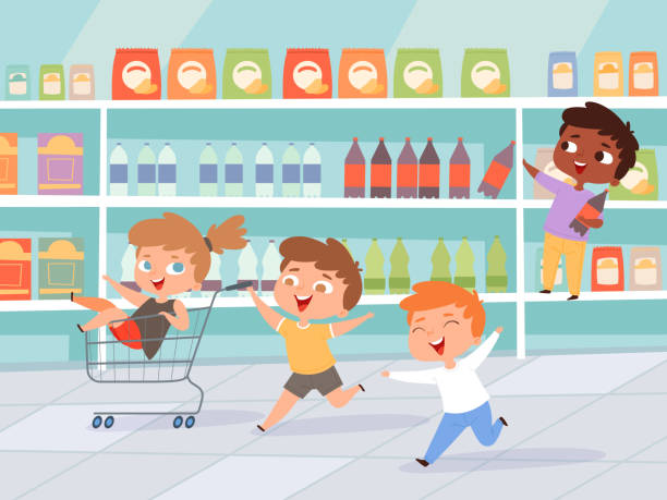 Kids in shopping. Mother with children purchase product active characters vector background Kids in shopping. Mother with children purchase product active characters vector background. Shopping purchase, kids happy playing in retail illustration supermarket family retail cable car stock illustrations