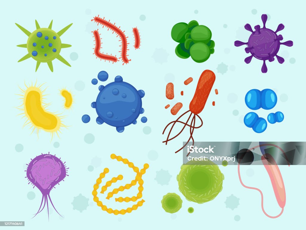 Virus Och Mikrober Olika Bakterier Mikroskop Visa Allergen Helminter Vektor Samling I Stil-vektorgrafik och fler bilder på iStock