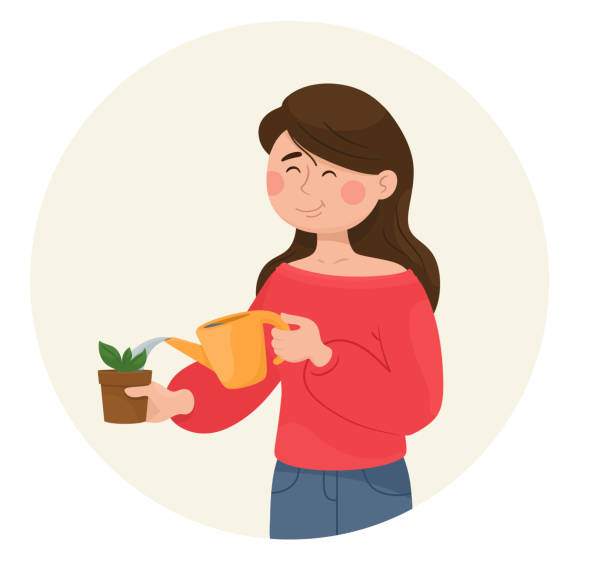istock Girl watering a small sprout in a pot. Vector illustration in cartoon flat style. 1217142002