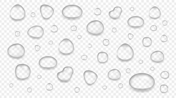 Realistic transparent water drops. Glass sphere, isolated rain elements. Liquid blobs vector illustration Realistic transparent water drops. Glass sphere, isolated rain elements. Liquid blobs vector illustration. Transparent drop clear, wash bubble freshness, condensation sphere water water thinking bubble drop stock illustrations