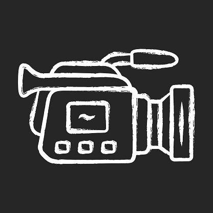 Camera chalk icon. Camcorder. Videotaping, video recording. Filmmaking professional equipment. Video production, cinematography industry. Isolated vector chalkboard illustration