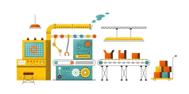 Vector illustration of 1909.m30.i020.n036.P.c25.1012125124 Manufacturing conveyor concept. Factory assembly line, modern production technology, packaging robot. Conveyor vector illustration