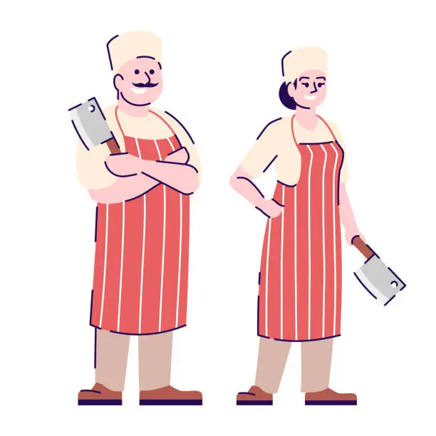 Vector illustration of Butchers couple flat vector characters. Restaurant chef, butchery, professional workers cartoon illustration with outline. Man and woman with kitchen axes for cutting meat isolated on white background