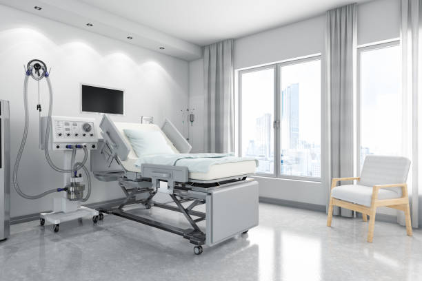 habitación hospital moderna con sistema ventilador - hospital ward fotografías e imágenes de stock