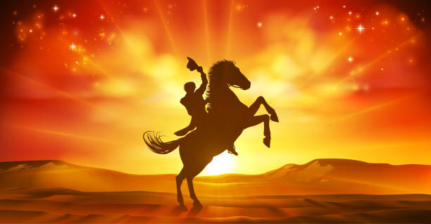 ilustraciones, imágenes clip art, dibujos animados e iconos de stock de cowboy riding horse silhouette sunset background - rodeo cowboy horse silhouette