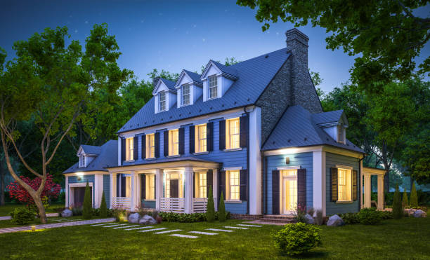 istock 3d rendering of modern classic house in colonial style in night 1217144361