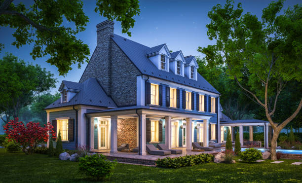istock 3d rendering of modern classic house in colonial style in night 1217144945