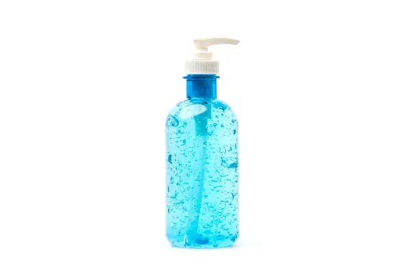 Photo of Hand sanitizer bottle or alcohol gel for hand cleasing on white