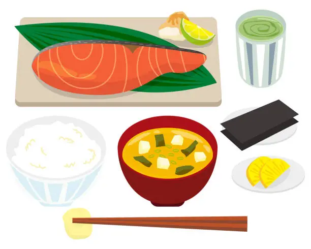 Vector illustration of Japanese traditional breakfast vector illustration . Salmon, miso soup, white rice
