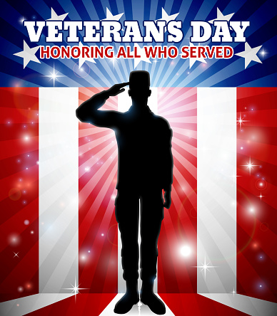 Saluting soldier with a patriotic Veterans Day American flag red, white and blue background graphic design