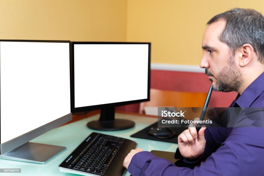 Thinking Computer. Man Man Thinking On Front Of Computer Man Teleworking Stock Photo ...