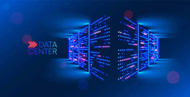 Data center. abstract digital warehouse. Server room of clouds computing technology. Server farm communication with internet. Network connection and information exchange lights glow in the dark. Data center. abstract digital warehouse. Server room of clouds computing technology. Server farm communication with internet. Network connection and information exchange lights glow in the dark. mainframe stock illustrations