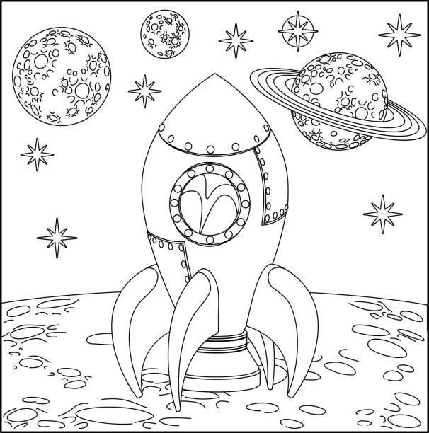 Space Cartoon Scene Rocket Ship On Moon A space cartoon coloring scene background page with rocket ship on moons surface and planets coloring book page illlustration technique illustrations stock illustrations