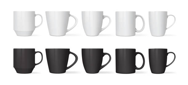 ilustrações de stock, clip art, desenhos animados e ícones de white and black mugs of different designs isolated on white background mock up vector - white coffee mug