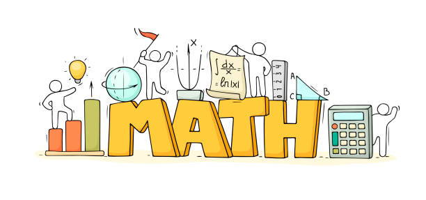 ilustrações, clipart, desenhos animados e ícones de esboço de matemática ckass com pessoas pequenas trabalhadoras. - mathematics doodle paper education