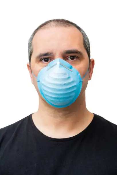 Photo of man with medical mask isolated on white background