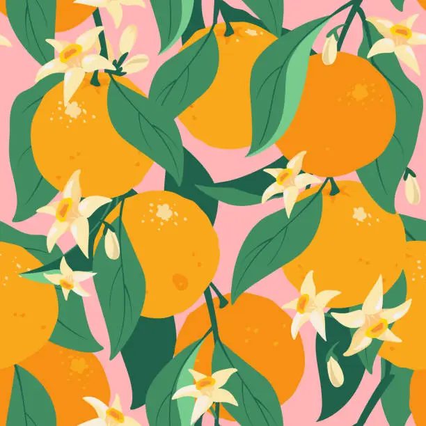 Vector illustration of Tropical summer citrus seamless pattern with leaves and flowers.