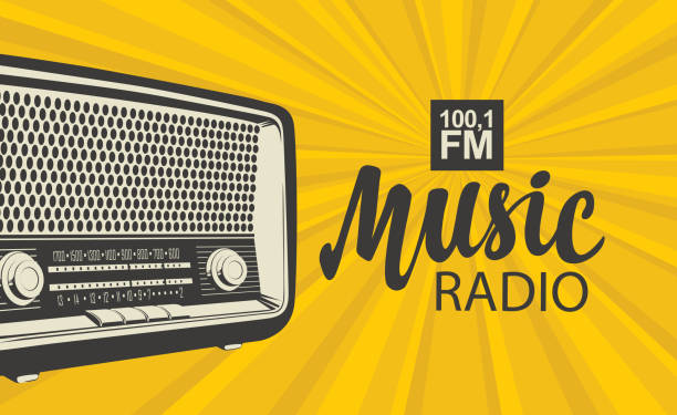 poster für musikradio mit einem alten radioempfänger - hörfunksender stock-grafiken, -clipart, -cartoons und -symbole