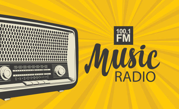 poster for music radio with an old radio receiver Vector poster for radio station with an old radio receiver and inscription Music radio on the background with yellow rays. Radio broadcasting banner in retro style radio stock illustrations