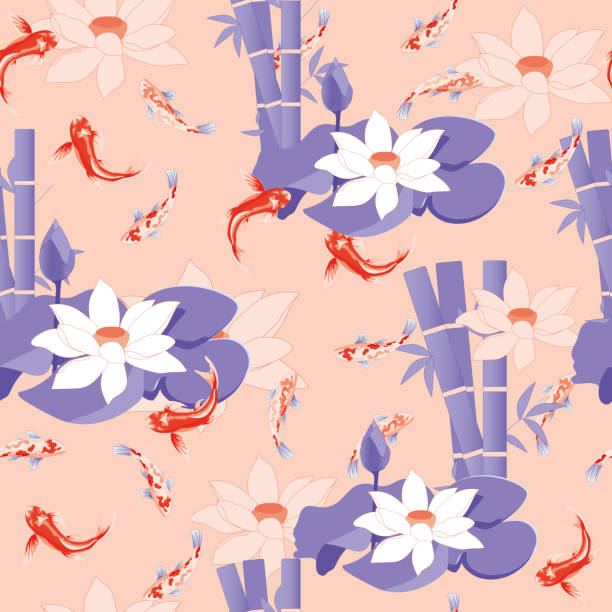 японский яркий бесшовный узор с тропическими рыбами и цветами лотоса. вектор�ная иллюстрация в фиолетовых и розовых тонах бесконечной текс� - lotus japan water lily vegetable garden stock illustrations