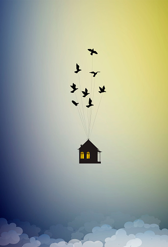dream at home concept, travel in dream idea,  save life stay home, flock of birds flying away with  house in the sky, home isolation, vector