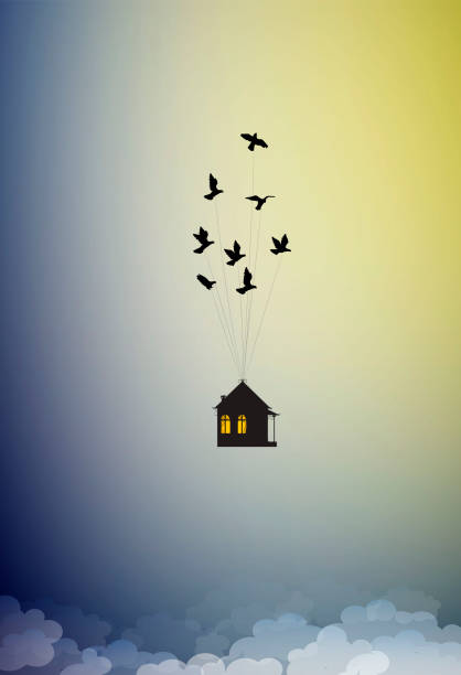 dream at home concept, travel in dream idea,  save life stay home, flock of birds flying away with  house in the sky, home isolation, vector vector art illustration