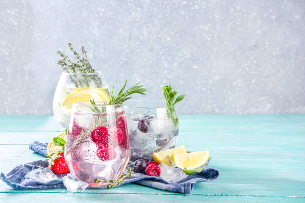 gin tonics de frutas y bayas - raspberry soda fotografías e imágenes de stock