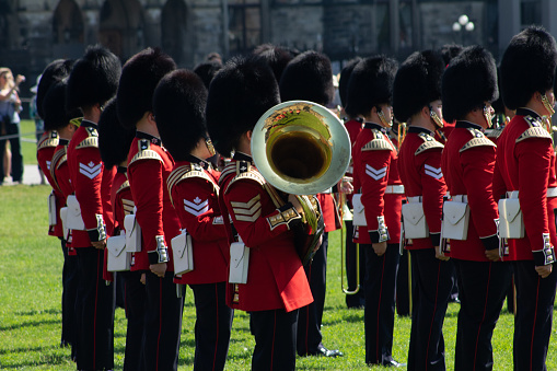 Changing of the guard musical ceremony with polished horn at parliament hill, Ottawa, Ontario, August 8. 2019