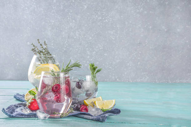 toniques de gin aux fruits et aux baies - raspberry soda photos et images de collection