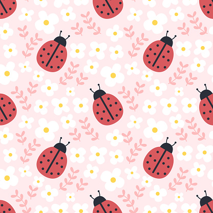 Ladybugs and flowers seamless background repeating pattern, wallpaper background, cute seamless pattern background