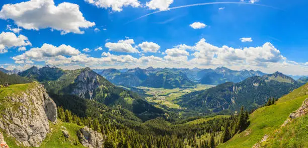 Panoramic view of the hiking trail between Jochalpe and Aggenstein in the Tannheim valley photographed during the day in the sunshine in summer 2014