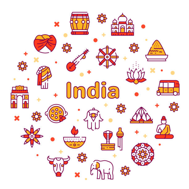 Vector color line icon round set India culture Vector color linear icon round set of India culture. Outline symbol collection of Buddha, Hinduism, temple architecture, traditions, culture, art concept. Banner design thin line element for website symbol of india stock illustrations