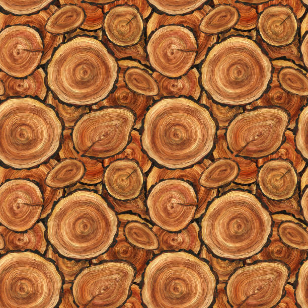 istock Seamless pattern with wood cut. Eco-friendly wooden background. Watercolor illustration with texture of the trees. Nature, stump, wood, woodcutter, brown 1217162028