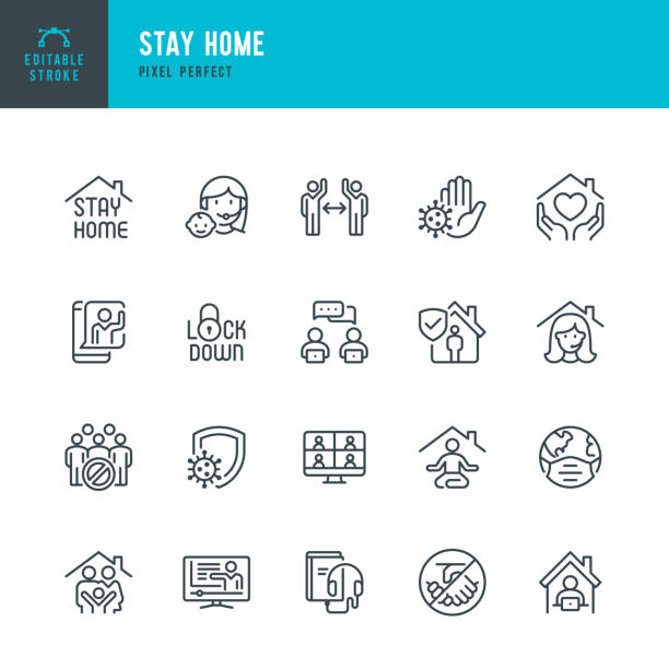 STAY HOME - thin line vector icon set. Pixel perfect. Editable stroke. The set contains icons: Stay at Home, Social Distancing, Quarantine, Video Conference, Working At Home, E-Learning. STAY HOME - thin line vector icon set. 20 linear icon. Pixel perfect. Editable outline stroke. The set contains icons: Stay at Home, Social Distancing, Quarantine, Video Conference, Working At Home, E-Learning. thin illustrations stock illustrations