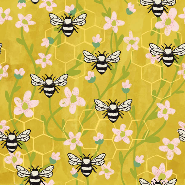 Bumble Bees Honeycomb Pattern Hand Drawn Digital illustration bee patterns stock illustrations