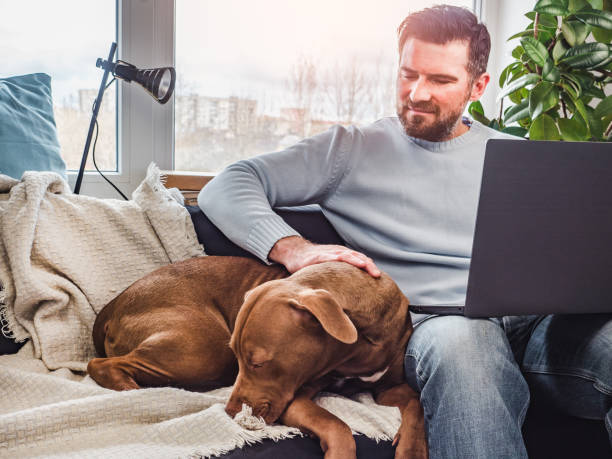 istock Handsome man and a charming puppy. Close-up 1217163554