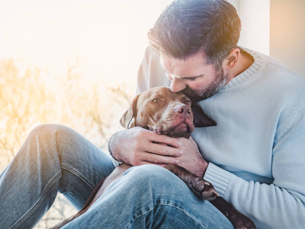 istock Handsome man and a charming puppy. Close-up 1217163922