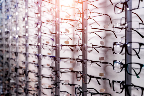 istock Row of glasses at an opticians. 1217164052