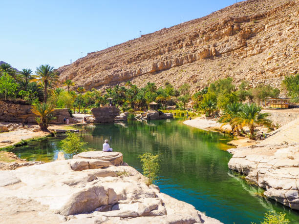 piscina natural en wadi bani khalid, omán - cave canyon rock eroded fotografías e imágenes de stock