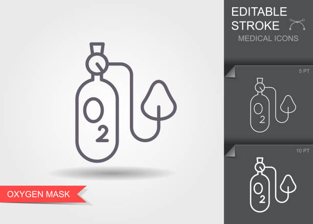 Oxygen mask. Linear medical symbols with editable stroke with shadow Oxygen mask. Linear medical symbols with editable stroke with shadow medical oxygen equipment stock illustrations